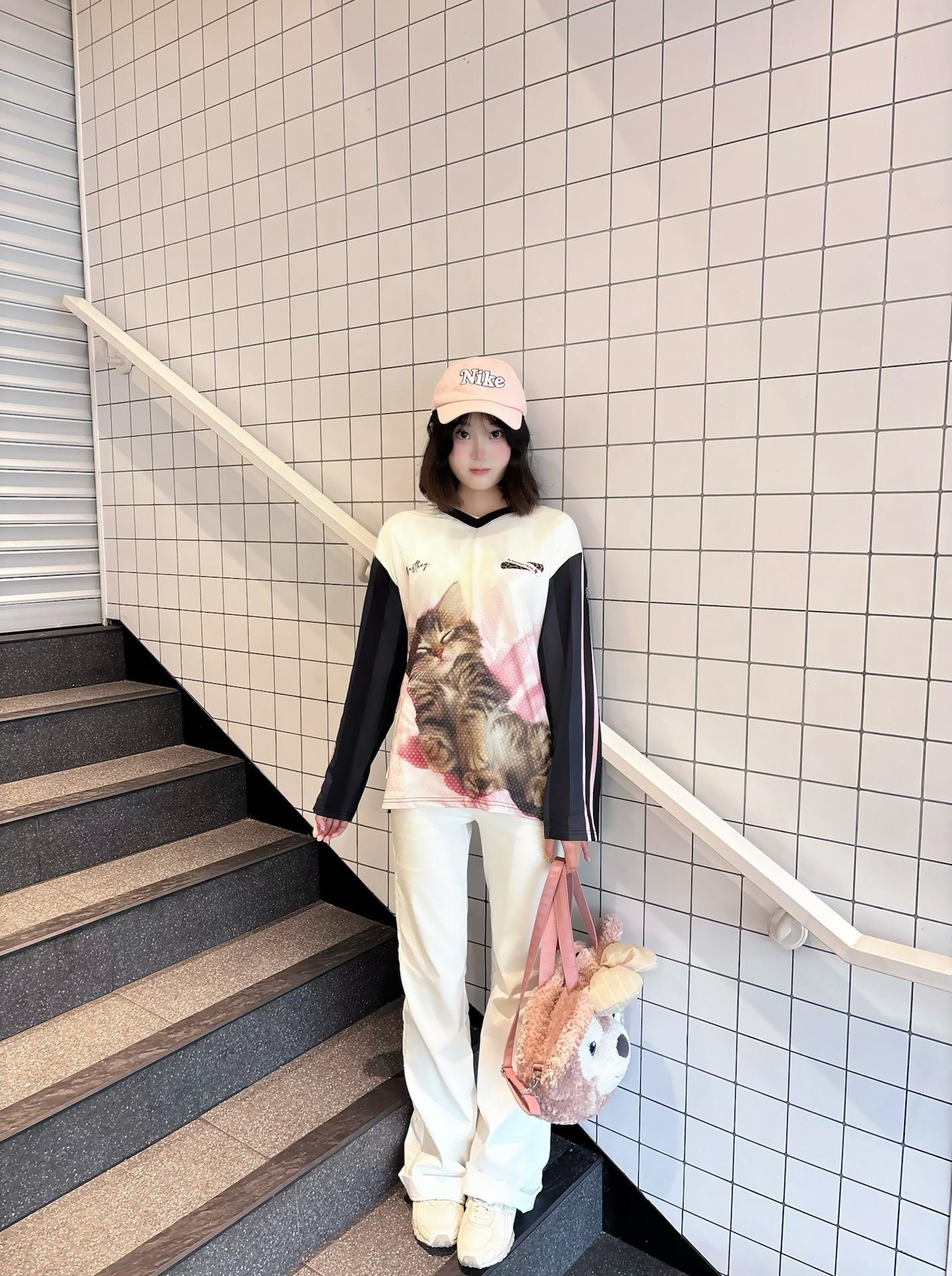 🐈甜酷小猫长袖+nike粉帽🎀 | 少女感休闲穿搭!